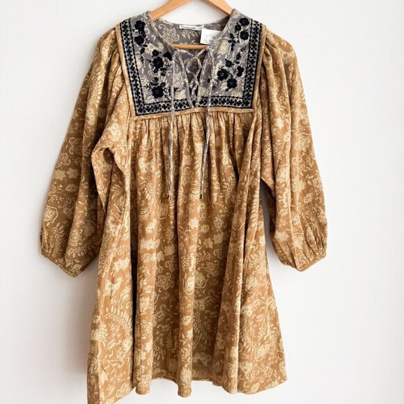 Unsubscribed Cotton Embroidered Mustard Yellow Navy Blue Dress 2 - Picture 4 of 9